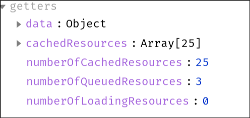 Pinia DevTools shows numberOfCachedResources and other live readonly metrics under .