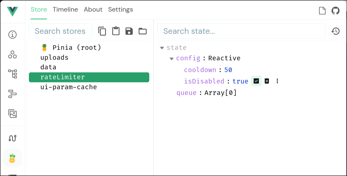 In the inia tab of VueDevTools, you find a  object you can edit directly.